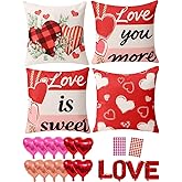 multiwins Valentine Decorations Set of 4 Double-Sided Valentine's Day Throw Pillow Covers 18" x 18", Reversible 8 Designs, with 16 pcs Heart & Love Balloons, Stickers, Complete Valentines Decor Kit