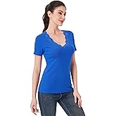 AmélieBoutik Women Lace Trim Sleeve Neckline V Neck Lightweight Short Sleeve Tops T-Shirt