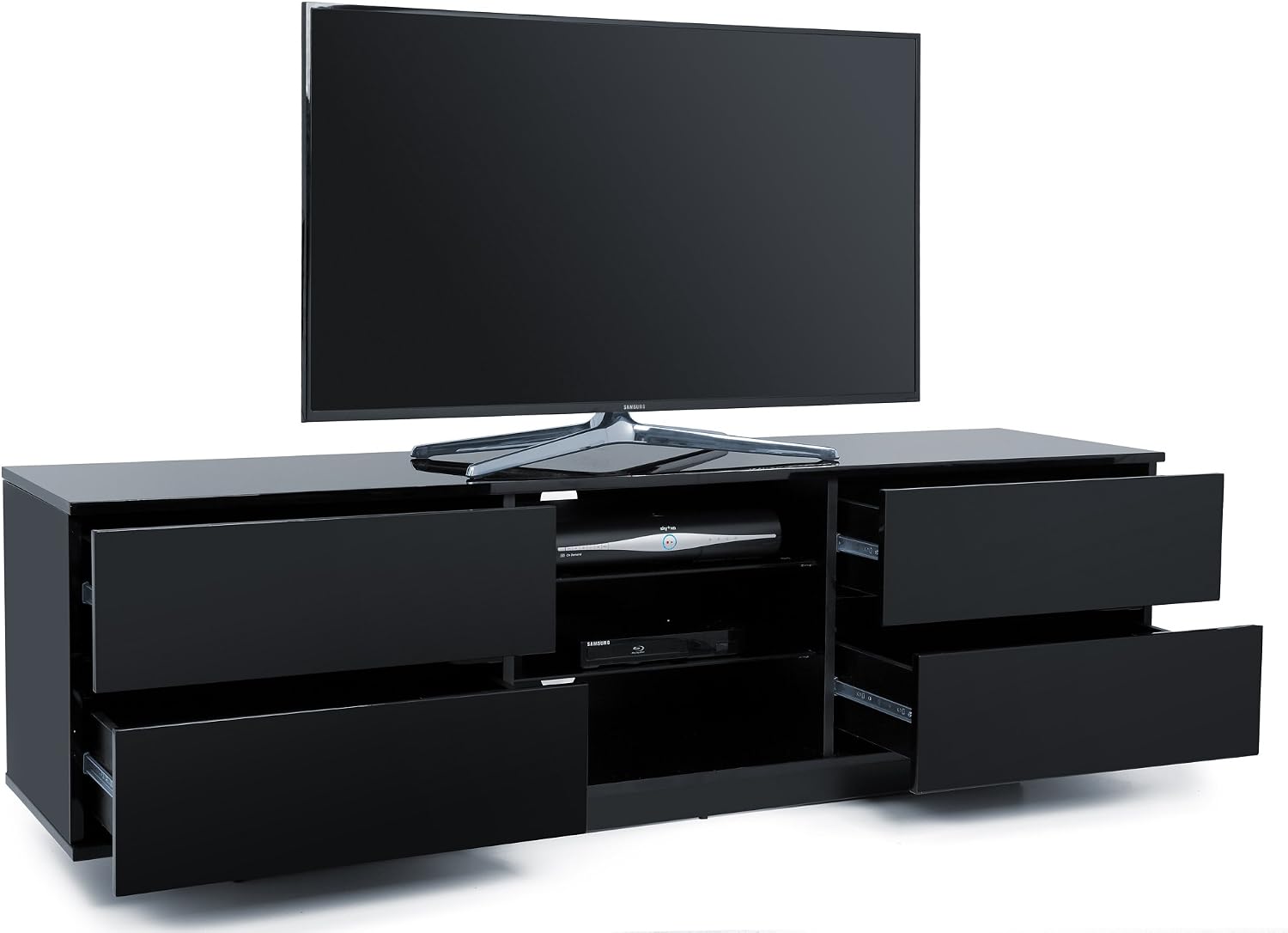 Centurion Avitus Gloss Black with 4-Black Drawers & 3-Shelves 32"-65" Flat Screen TV Cabinet, 158cm x40cm x 48cm - Image 4