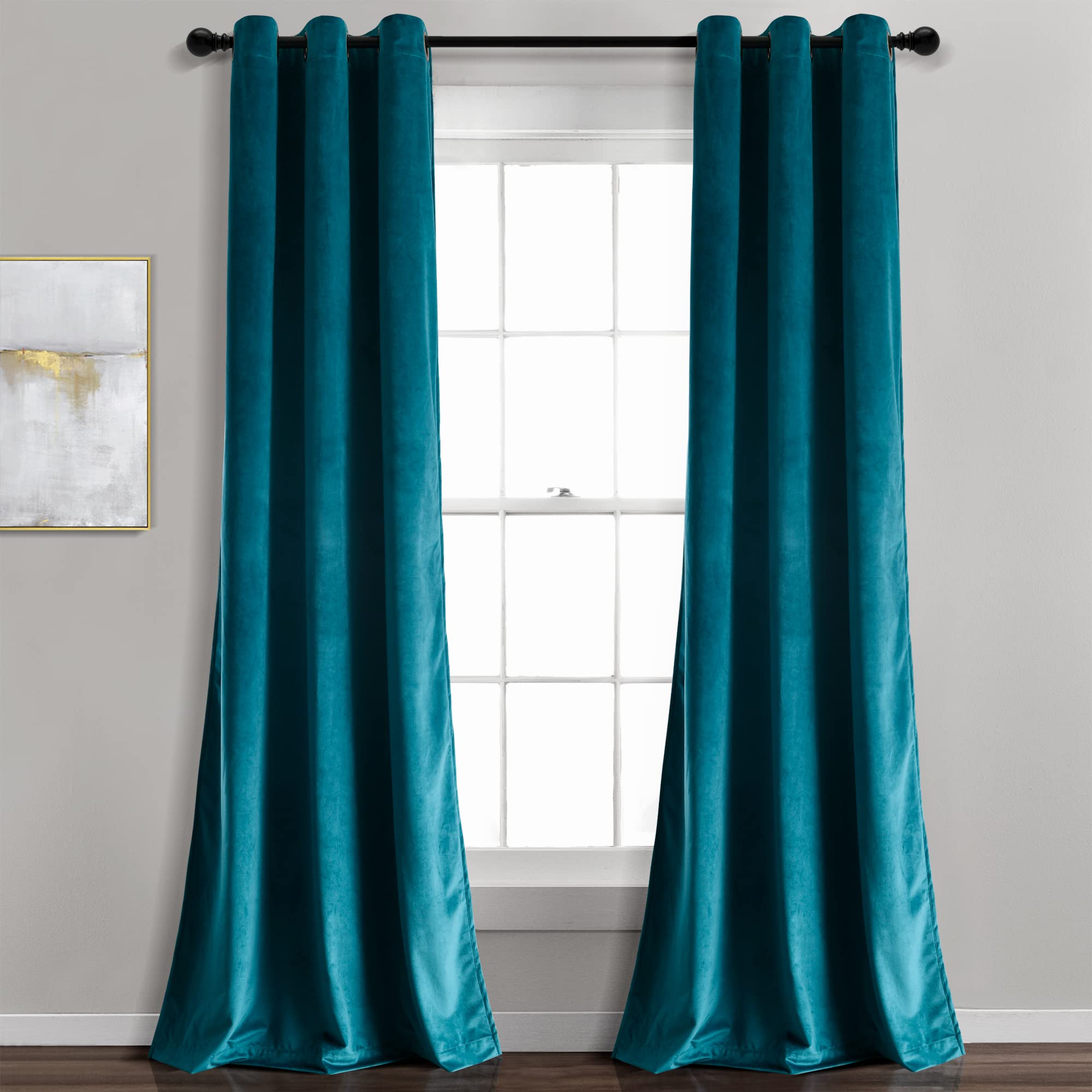 Lush Decor Prima Velvet Solid Light Filtering Grommet Window Curtain Panel Pair, 95" L x 38" W, Peacock Image