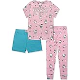 Hello Kitty Girls Pajama Set - 3 Piece Pants, T-Shirt & Shorts - Cotton Sleepwear PJ Set for Kids, Toddler Girl Pajamas