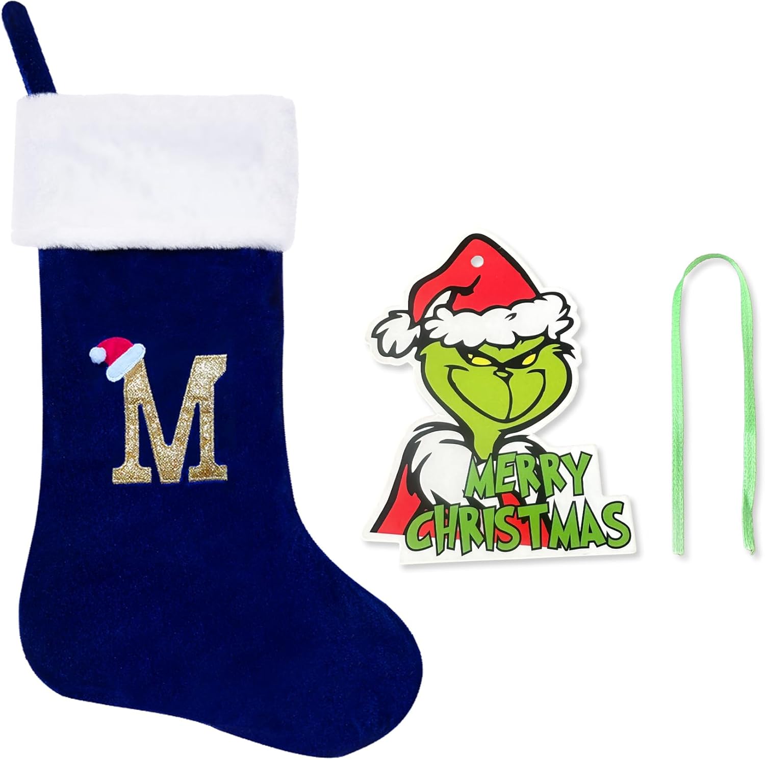 Stockings & Holders - CRSTAFU Christmas Stocking Personalized Monogram, 20 Inches Family Initial Xmas Stockings, Super Soft White Plush Cuff with Deluxe Blue Velvet Body and Gold Letter(M)