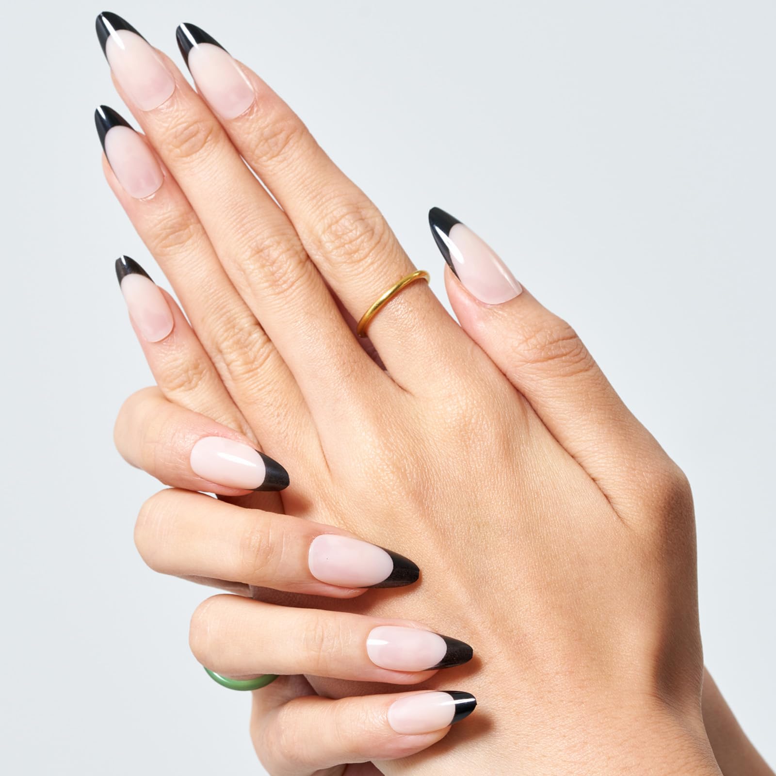 GLAMERMAID Press on Nails Medium Almond, Spring Summer Black French Tip Gel Glue on Nail, 24Pcs Glossy Short Stiletto Reusable UV Finish Fake Nails Acrylic False Nails Manicure Kits for Women - Image 8