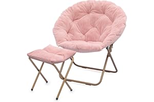 MoNiBloom Round Folding Faux Fur Saucer Chair for Bedroom Living Room Dorm Foldable Metal Frame Oversized Large Comfy Furry Padded Soft Cozy Moon Chair with Footrest Ottoman for Adults (Pink)