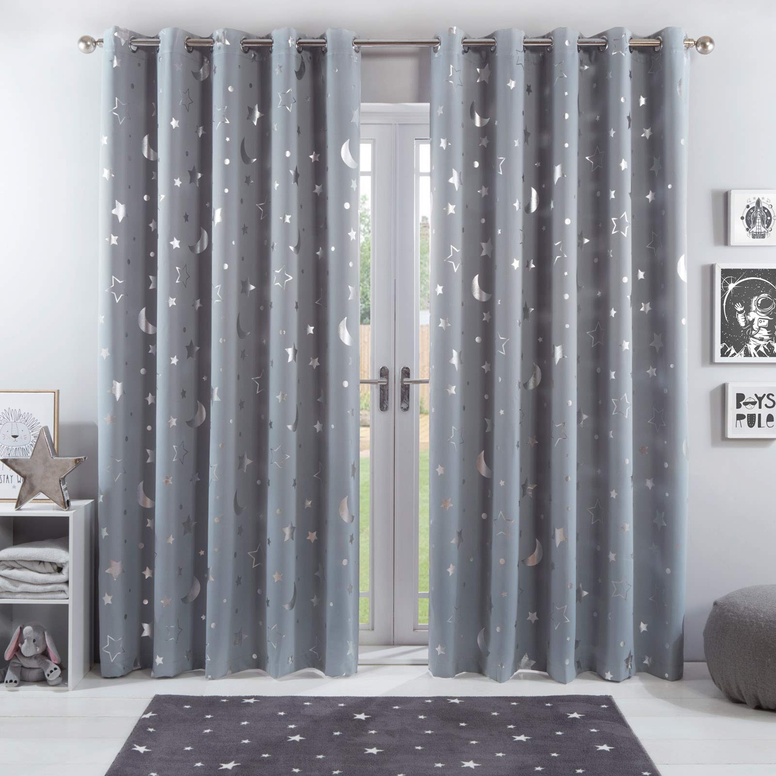Dreamscene Galaxy Star Thermal Blackout Curtains PAIR of Eyelet Ring Top Panels Kids Metallic Moon - Silver Grey, Width 46" x Drop 54"