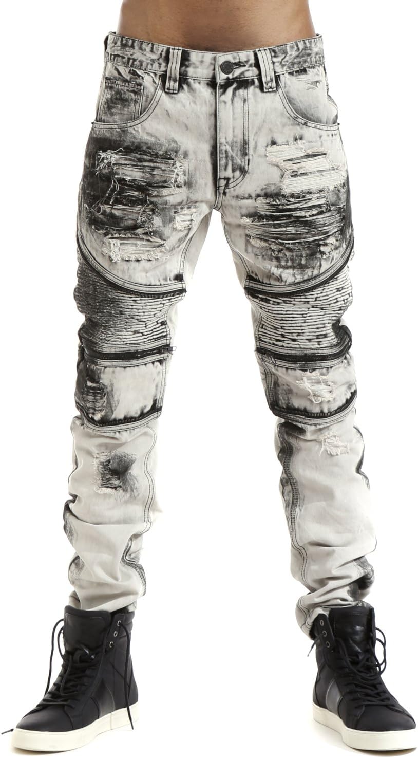 Smoke Rise Men's Rip & Zipper Detail Washed Moto Biker Denim Jean