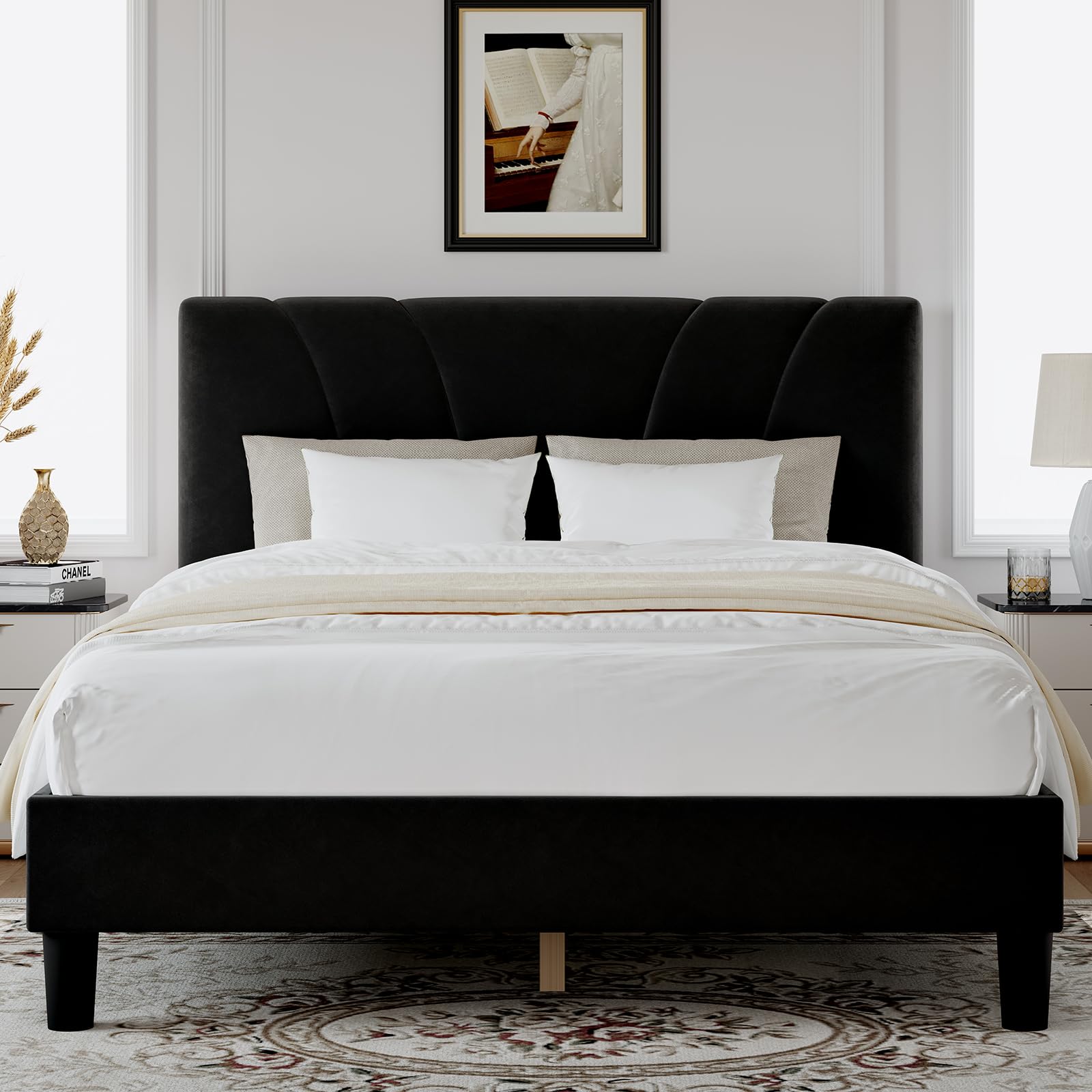 Photo 1 of Novilla Queen Bed Frame, Queen Size Bed Frame with Wooden Slats Support, Velvet Upholstered Headboard, No Box Spring Needed, Heavy Duty Feet, Easy Assembly, Black Velvet