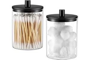TIPGO Glass Qtip Holder Dispenser for Bathroom - 10 oz Clear Canister Apothecary Jar for Cotton Swabs, Balls, Pads, Floss Picks, Small Containers for Makeup Storage Organizer (2 Pack, Black)