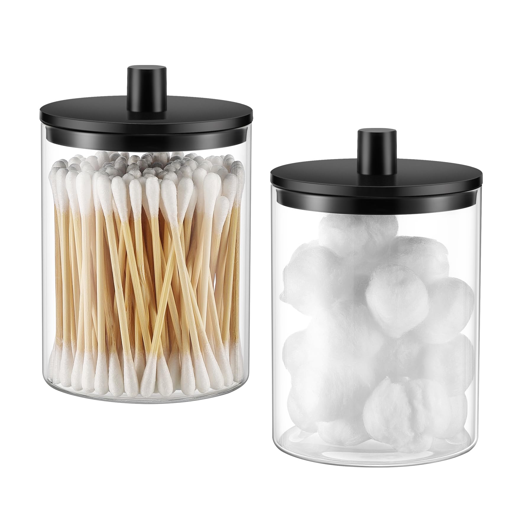 Photo 1 of *MINOR DAMAGE - USED*
TIPGO Glass Qtip Holder Dispenser - 10 oz Clear Canister Apothecary Jar, Bathroom Vanity Storage Organizer Set for Cotton Swabs, Pads, Floss Picks, Small Containers for Makeup Storage (2 Pack, Black)