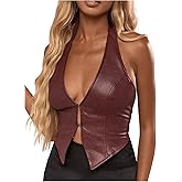 SOLY HUX Women's PU Leather Halter Tank Tops Sexy Deep V Neck Asymmetrical Vest Corset Party Clubwear