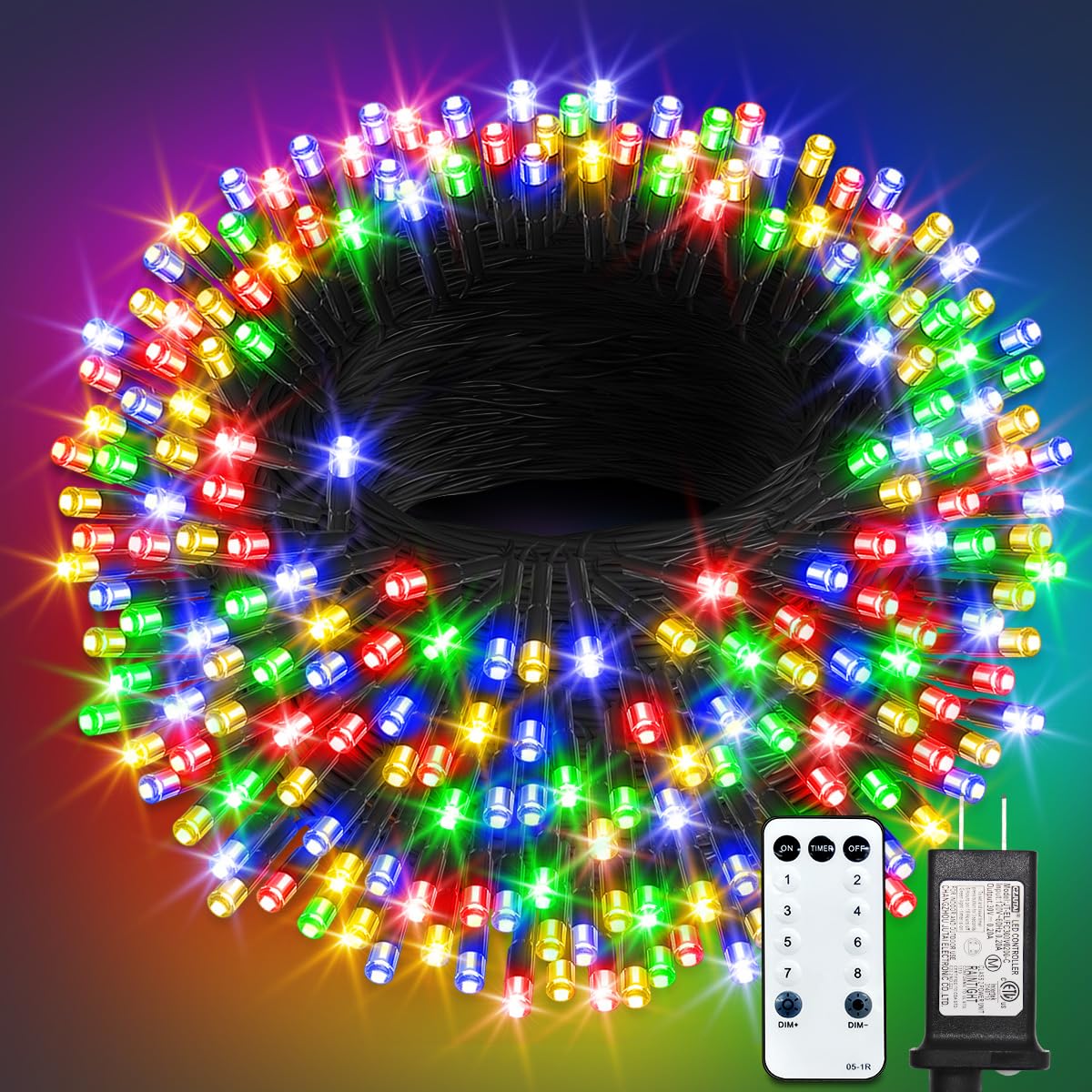 Photo 1 of ***UNTESTED*** ROSCOO 300 LED String Lights Outdoor, 100FT Multicolor Christmas Lights for Outside with Remote, Timer Memory Function, 8 Modes Waterproof Fairy Lights Plug in, for Xmas Tree Bedroom Patio Party