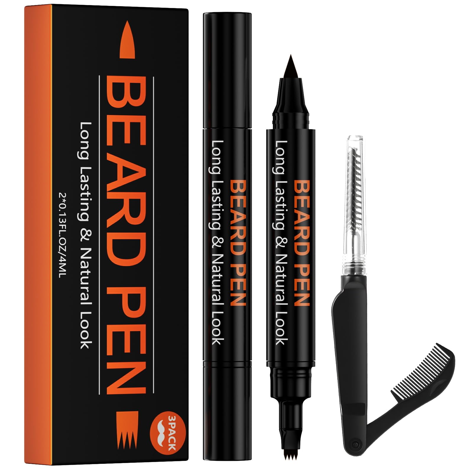 Photo 1 of 3-Pack Beard Pen Filler for Men, Waterproof & Sweat Proof Long-Lasting Beard Pen Kit with 2 Fillers & 1 Double-Headed Brush – Effectively Enhances Facial Hair (Brown)