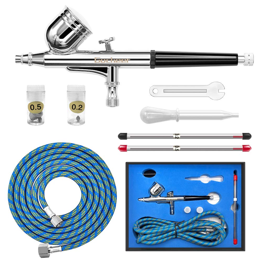 Gocheer Kit Pistolet Aerographe Inclus Double Action Aerographe,Tuyau,Mini Clé,Compte-Gouttes et 0,2/0,3/0,5 Buse et Aiguille pour Airbrush Remplacement