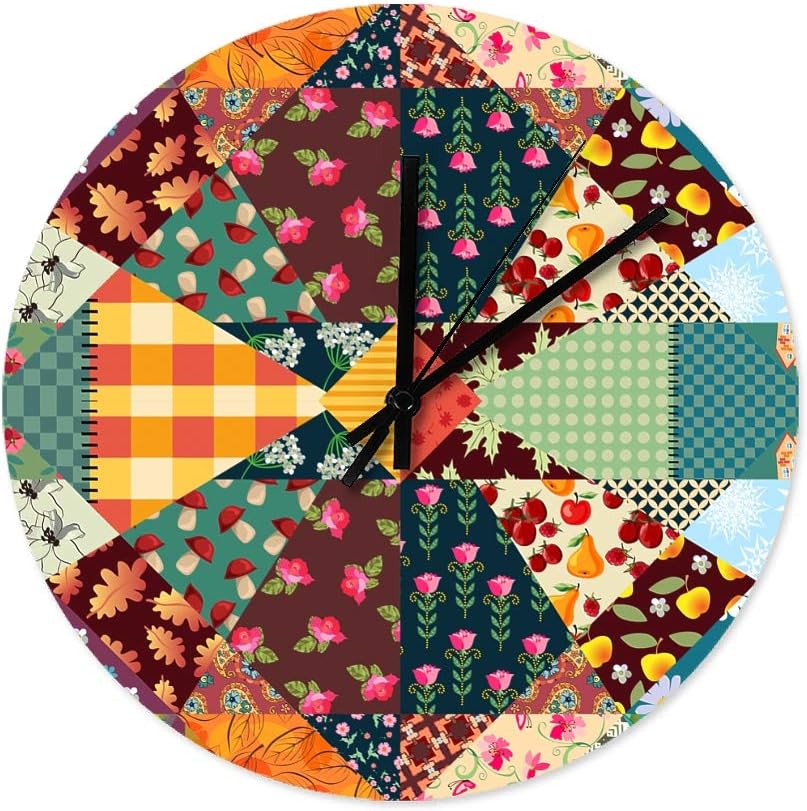 Heyome Flower Fruit Patchwork Wall Clock Silent Non Ticking Wooden Wall Clock Battery Operated Modern Wall Clocks for Home Office Living Room Bedroom Kitchen 12 Inch Round White 12x12 inch