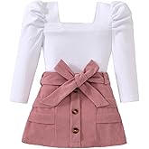 Hihosdor Toddler Girl Outfits Square Neck Puff Sleeve Top Skirt Set Fall Winter Clothes for Girls 2-7 Years
