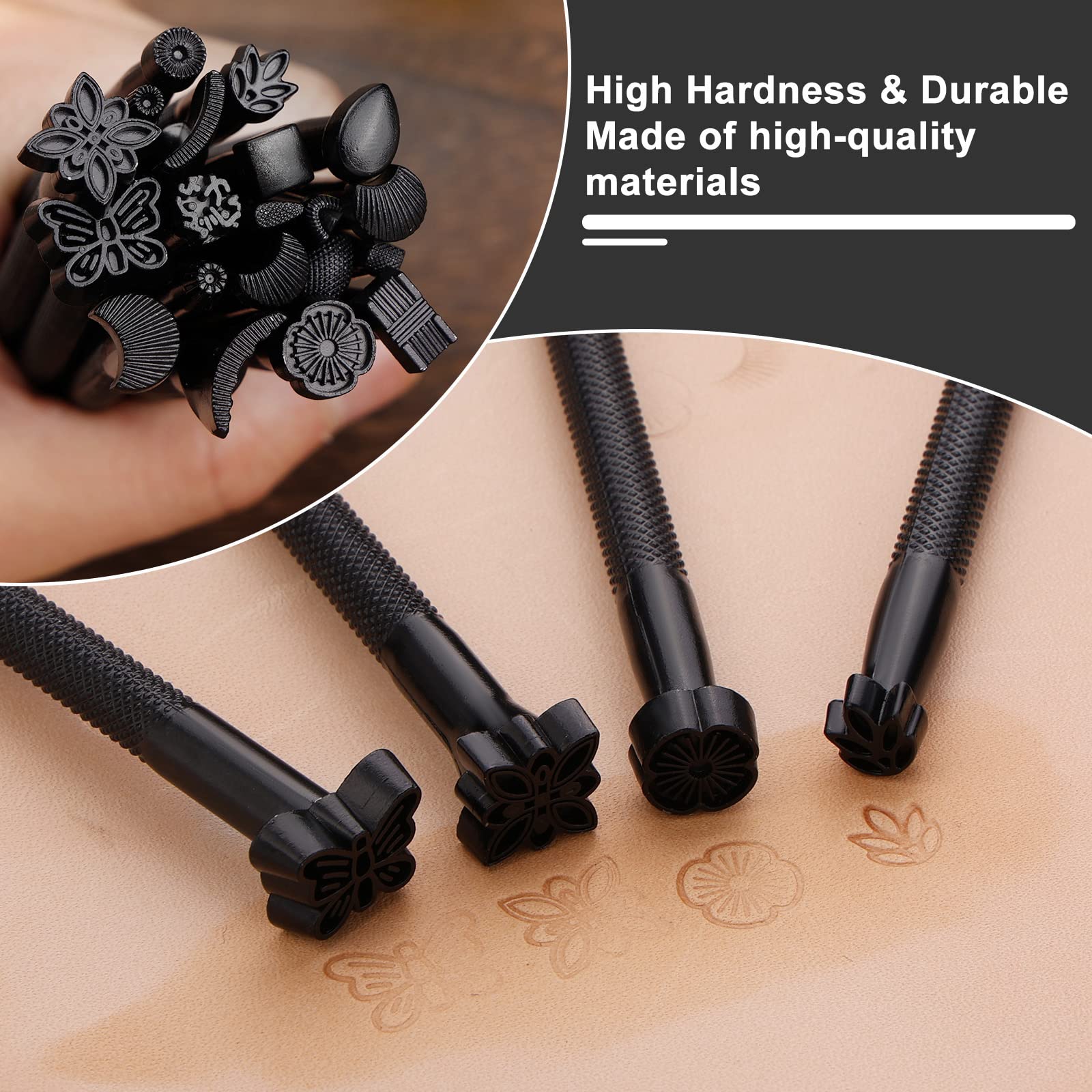 Wonvoc 21 Pcs Leather Stamping Tools, Leather Stamping Kit with 20 Patterns, Leather Carving Kit, Leather Stamping Tools Geometric, Leathercraft Stamping Tools and Mallet for DIY Leather Crafts