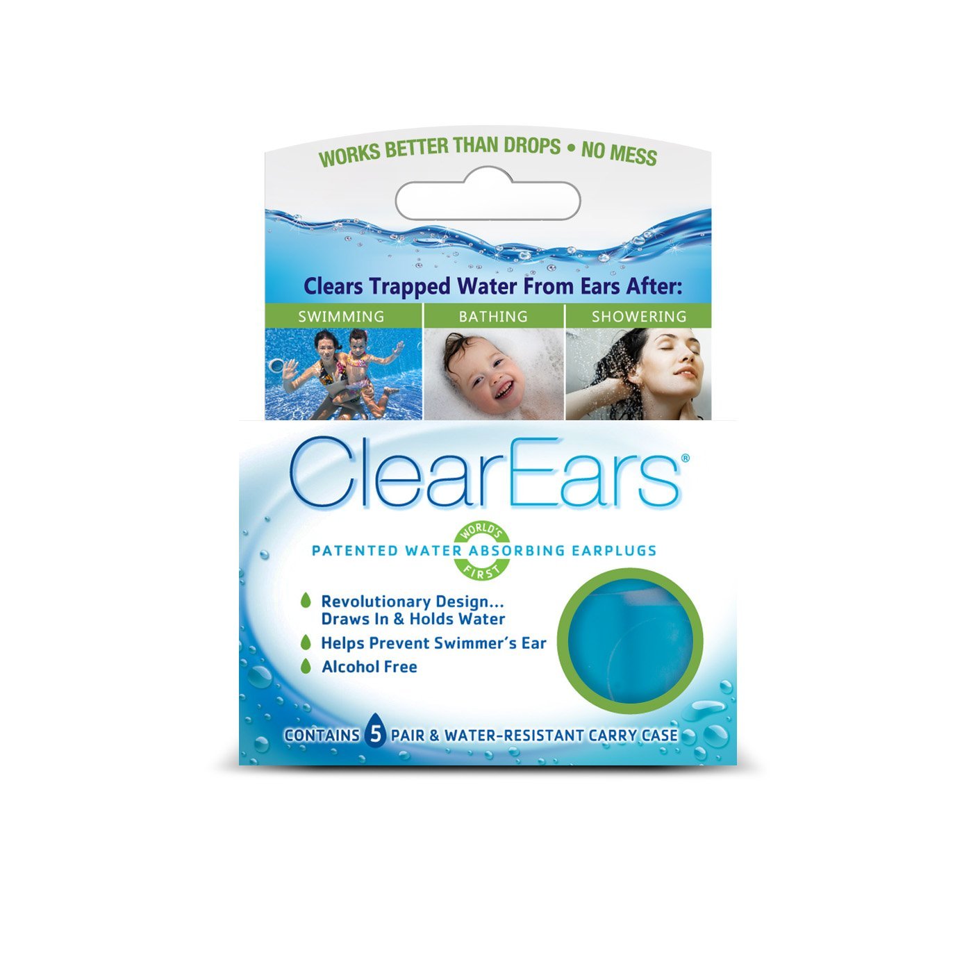 Clear Ears Water Absorbing Earplugs 5 Pairs, for Swimming, Bathing or