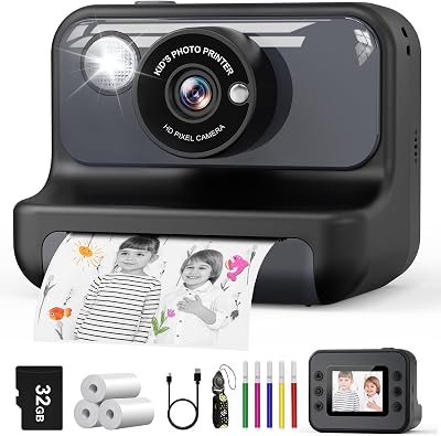 Hangrui Kids Camera Instant Print 2.4 inch 1080P 32GB Card Black