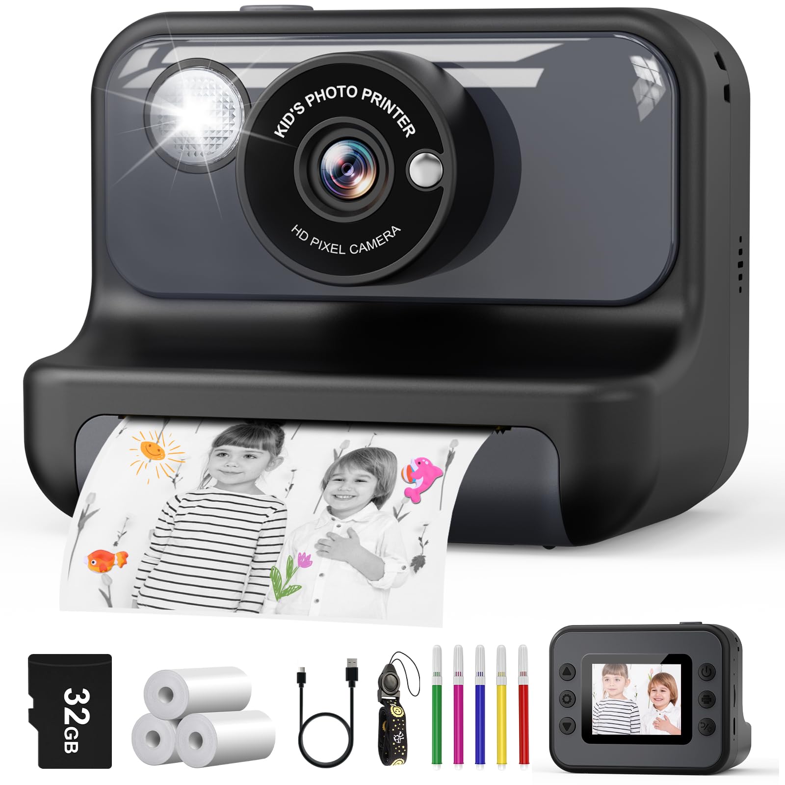 Hangrui Kids Camera Instant Print, 2.4'' Instant Camera for Kids, 1080P Children Cameras with 32GB Card & 3 Rolls Photo Paper, Christmas Birthday Gifts Toys for Girls & Boys Aged 3-12 -Black — image 1