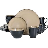 Gibson Elite Soho Lounge 16-Piece Round Reactive Glaze Stoneware Dinnerware Set, Service for 4 – Taupe Plates and Bowls