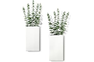 JOSMIMIC 2 Pack Metal Wall Planter Vases Decor with Artificial Eucalyptus, Modern Farmhouse Rustic Hanging Pocket Planters for Indoor Greenery and Flowers, Living Room Bedroom Kitchen Decoration, White