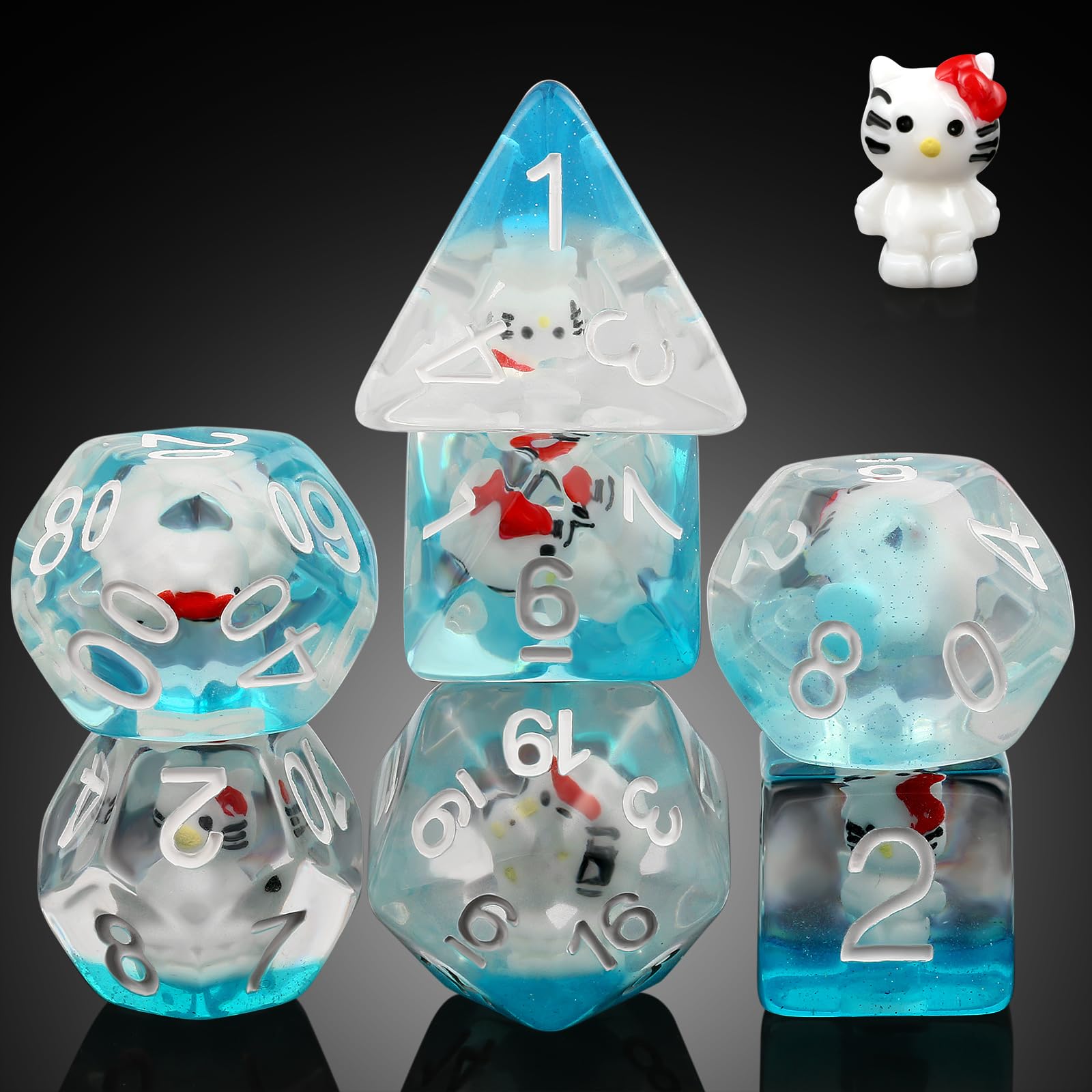 Kitty Dungeons and Dragons Dice,DNDND 7PCS D&D Dice Set with Velvet Bag for DND Role Playing Games and Tabletop Games（Kitty) — image 1