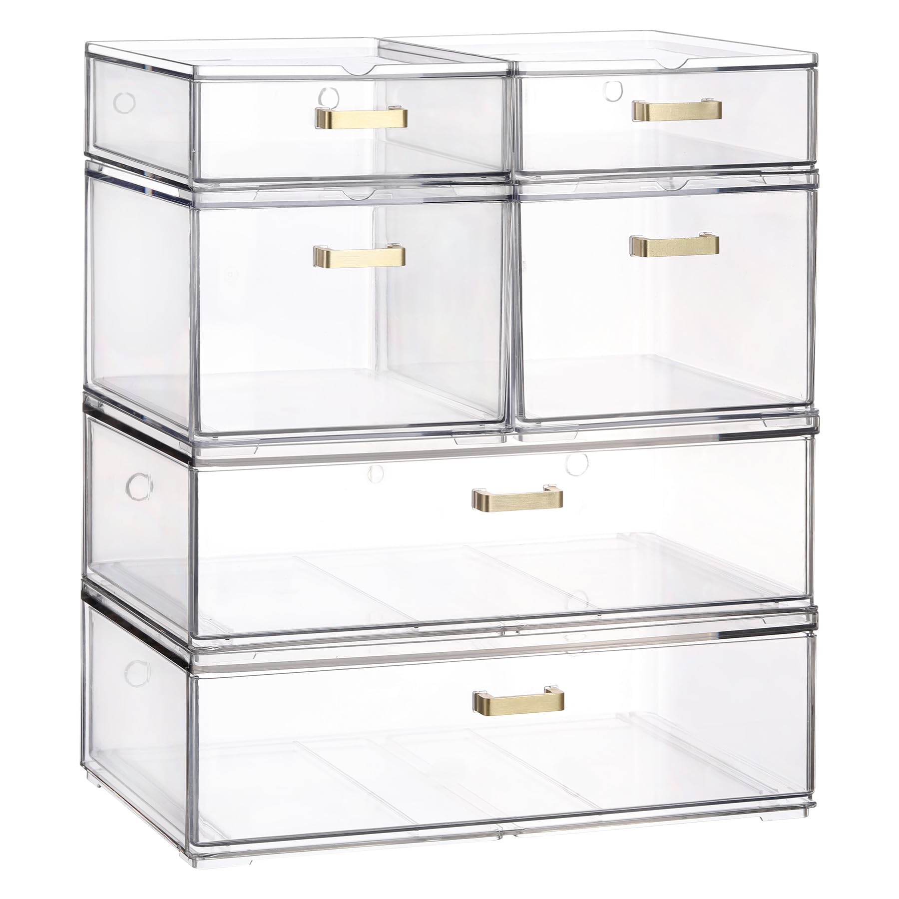 Photo 1 of LALOBLUE Stackable Storage Drawers, 6 Pack Clear Acrylic Organizer Bins with Golden Handles, Multi-Size Plastic Drawers for Makeup, Vanity, Kitchen, Bathroom, Office, Pantry Organization and Storage