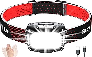 Blukar LED Stirnlampe Wiederaufladbar, 2000L Ultra Kopflampe Stufenlos Dimmbar mit 8 Modi, Sensor & Rotlicht, IPX5 Wasserdicht Mini Stirnleuchte für Erwachsene, für Joggen, Camping, Angeln