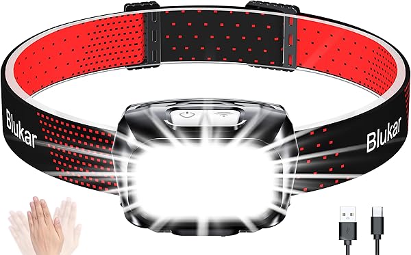 Blukar LED Stirnlampe Wiederaufladbar, 2000L Ultra Kopflampe Stufenlos Dimmbar mit 8 Modi, Sensor & Rotlicht, IPX5 Wasserdicht Mini Stirnleuchte für Erwachsene, für Joggen, Camping, Angeln