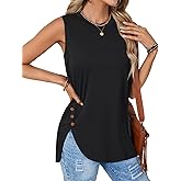 Rooscier Women's Sleeveless Crew Neck Button Slit Asymmetric Hem Casual Tank Top Shirts