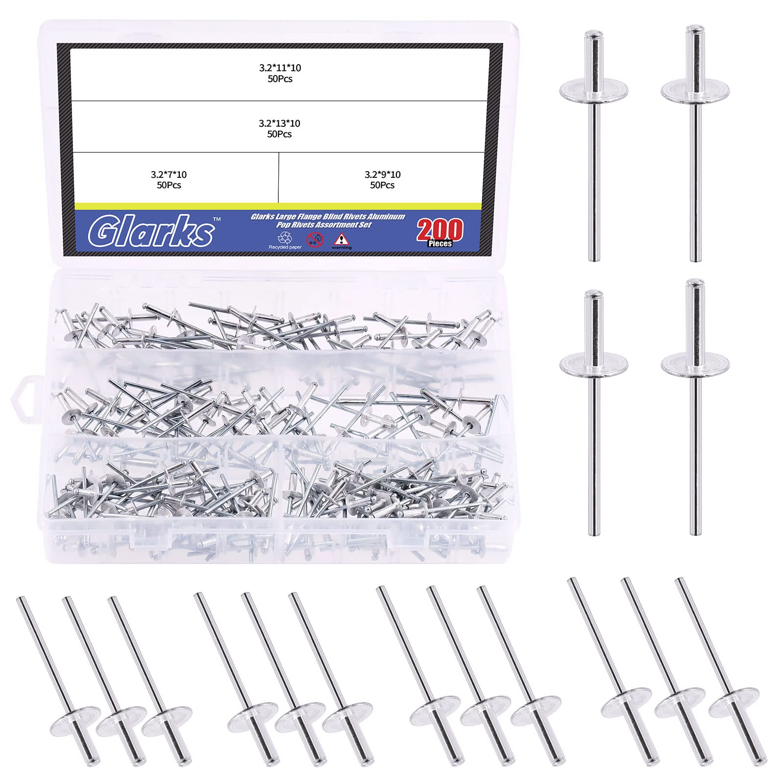 Glarks 200Pcs 1/8" x 1/4", 1/8" x 3/8", 1/8" x 7/16", 1/8" x 1/2" Large Flange Aluminum Blind Rivets Pop Rivets Assortment Set for Joining Metal Plate Pipe Automotive