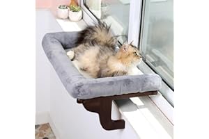 Zakkart Cat Perch for Window Sill with Bolster - Orthopedic Hammock Design with Premium Hardwood & Robust Metal Frame - Cat Window Seat for Large Cats and Kittens - Dark Stained Wood with Gray Bed