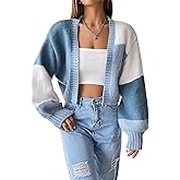 GORGLITTER Women's Open Front Cropped Cardigan Sweaters Colorful Long Sleeve Chunky Knit Top Color Block Short Cardigan