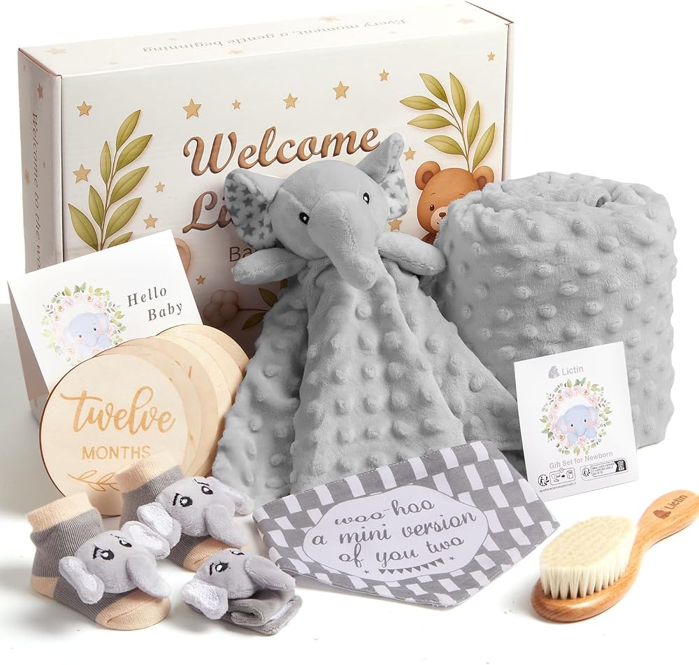 Lictin 14Pcs Baby Gift Set Neutral Newborn Gift Basket Grey Elephant Blanket