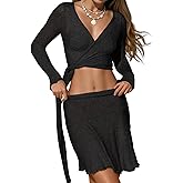Saodimallsu Womens 2 Piece Sheer Mesh Cover Up Long Sleeve Wrap Tie Crop Tops Ruffle Mini Skirt Beach Coverup Set