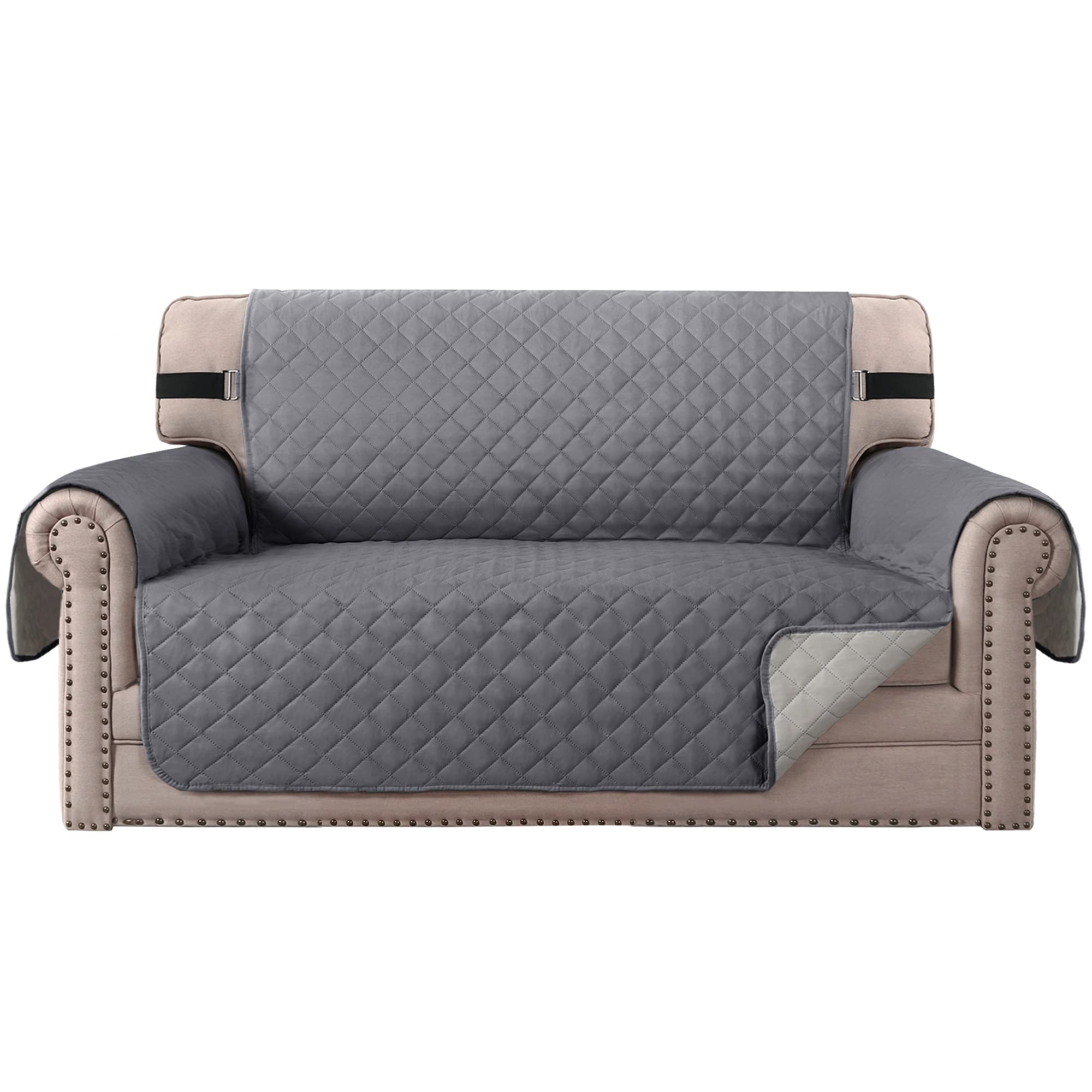 Topchances Sofa Covers Loveseat Couch Covers Waterproof Sofa Slipcover for Sectional Sofa Chaise Reversible Furniture Protector with Elastic Straps for Dogs Cats (Grey, 2 Seater)