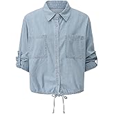 EachWell Women's Cropped Denim Shirt Roll Up 3/4 Sleeve Loose Crop Tops Button Front Jean Shacket