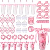 Teenyyou 6 Sets Baby Shower Game Prize Gift, Hair Comb Tumbler Claw, Pink | Powder Puff Scrunchies Gift Bags Tags, Bridal Shower Guest Favor, Wedding Party Prizes, Tumbler with Straw for Celebration
