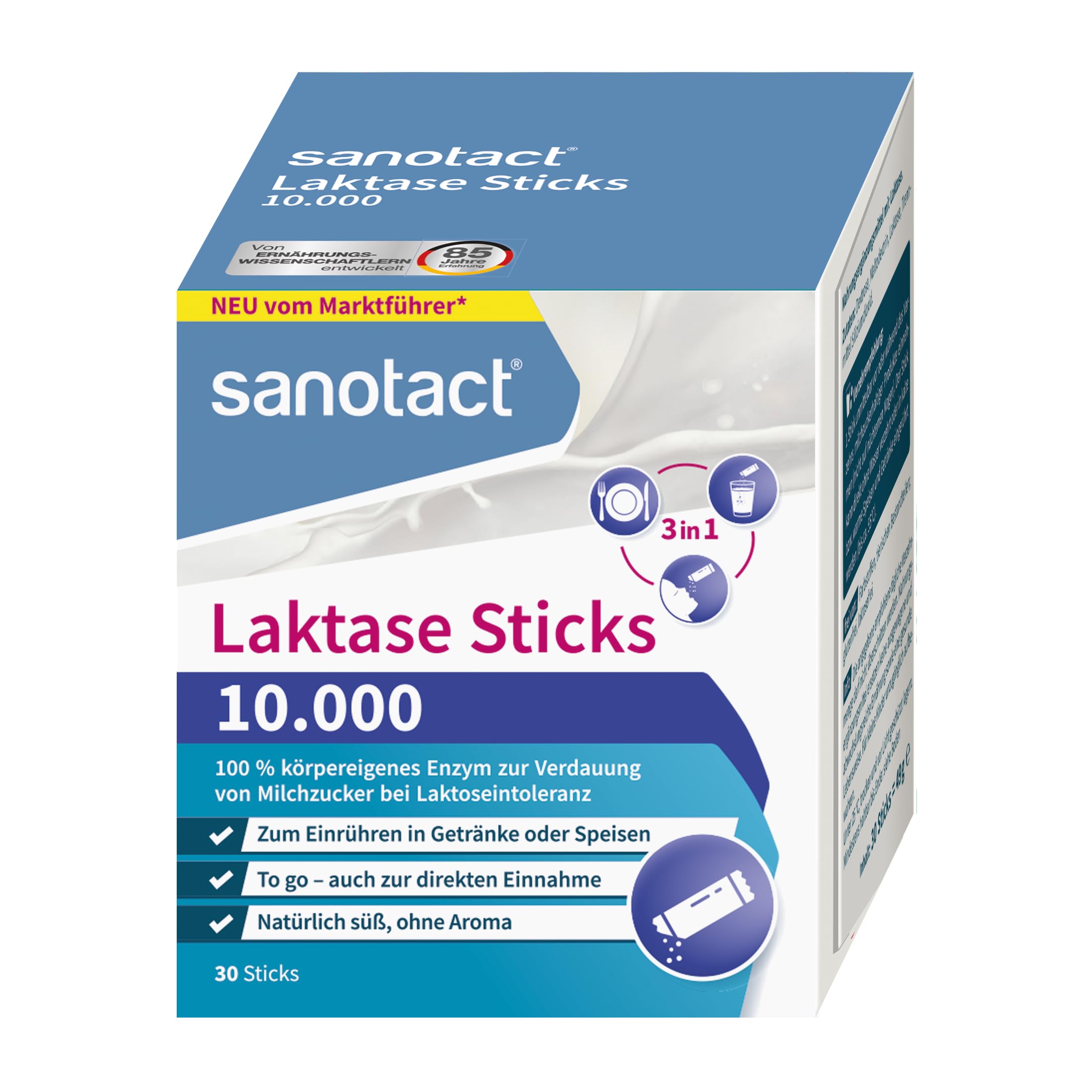 sanotact Laktase Sticks 10.000 – 30 Sticks – 3-in-1 Laktase Pulver zur Unterstützung bei Laktoseintoleranz – Sofortwirkung – ohne Aroma – direkt, im Getränk oder Essen einnehmbar