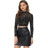 Allegra K Women's Mesh Crop Top Stars Mock Neck Halloween Party See Through Blouse