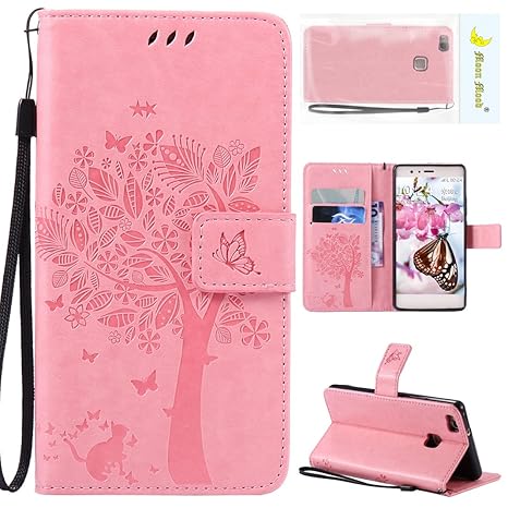 Moon mood Handyhülle Huawei P9 Lite Rosa Leder Cover, Magnet Leder Tasche für Huawei P9 Lite Schutzhülle Leder Wallet Portemo