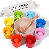 Lasoba Rainbow Balls in Cups Toddler Montessori Toys (8 Balls, 1.4 in) | Color Sorting Toys for Toddlers for 3 Year Old Up, Learning Color Sorting and Counting, Kids Preschool Wooden Matching Games