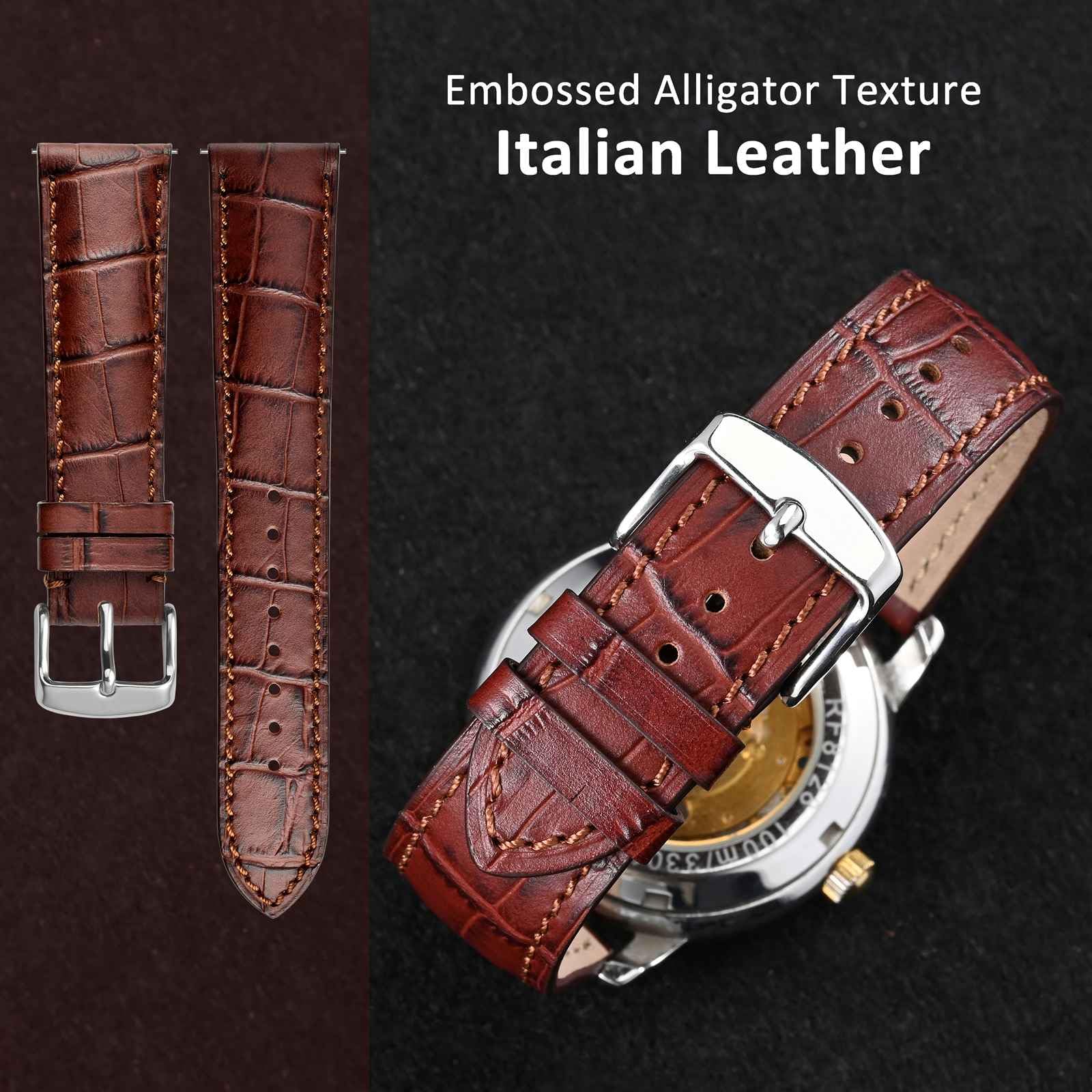 WOCCI 18mm Watch Band, Italian Leather, Embossed Alligator Grain, Silver Buckle (Brown)