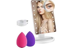 COSMIRROR Lighted Makeup Vanity Mirror with 10X Magnifying Mirror and Makeup Sponge, 21 LED Light Up Mirror with Touch Sensor Dimming, 180°Free Rotation, Dual Power Supply, Portable Cosmetic Mirror