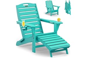 SUUNYN Folding Adirondack Chair with Retractable Ottoman Weather Resistant Fire Pit Chair Patio Chair with 2 Cup Holder Lawn Outdoor Lounge Chair (Island Blue)