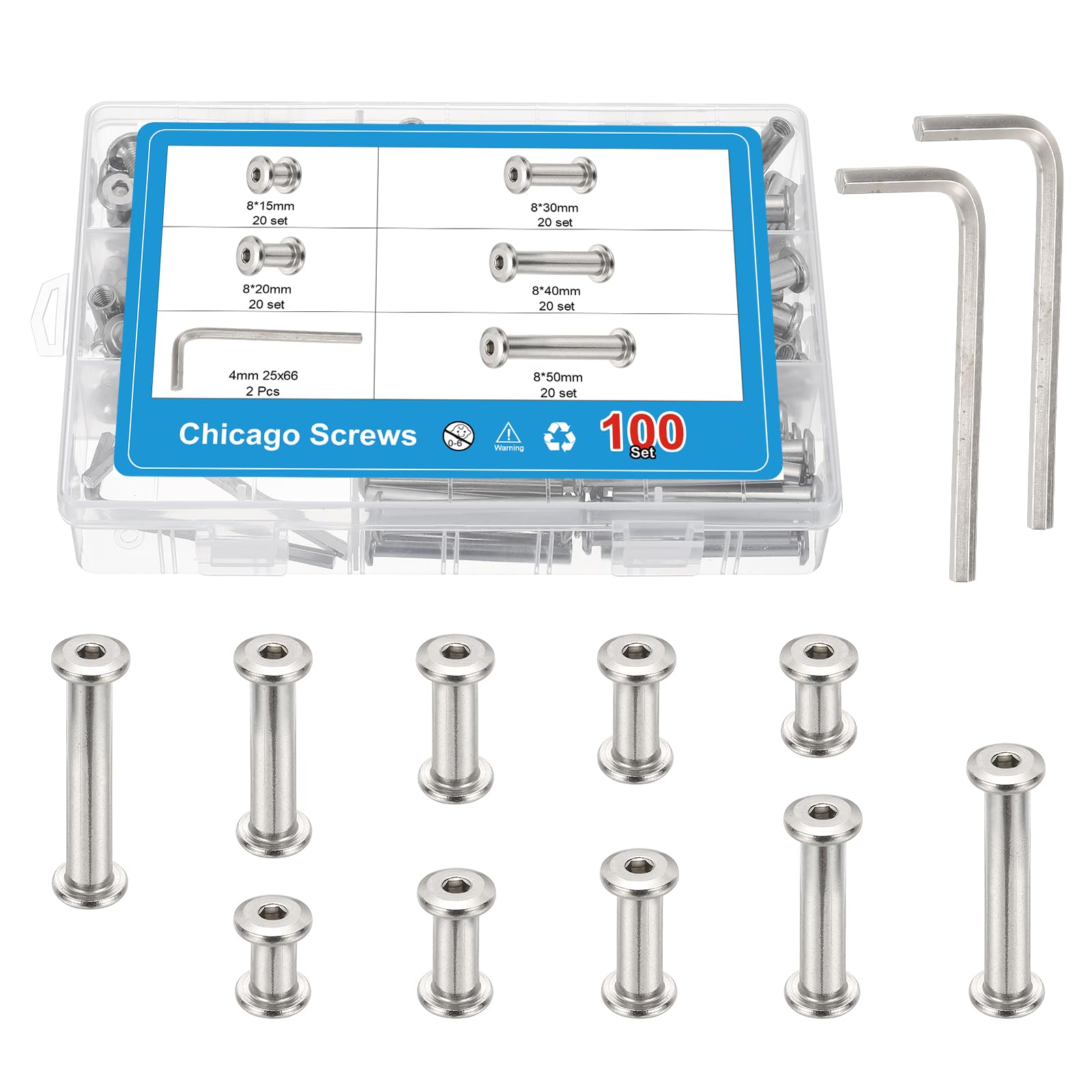 PATIKIL 100 Set Hex Chicago Screws Assorted Kit with Hex Wrench, 5 Size Carbon Steel Rivets Binding Post Fasteners Screw for DIY Leather Craft Bookbinding, Silver Tone