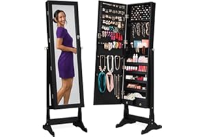 Best Choice Products Freestanding Jewelry Armoire Cabinet, Full Length Standing Mirror, Lockable Makeup Storage Organizer, w/Velvet Lining, 3 Angles, Lock, Accessory Pouch, 5 Shelves - Black