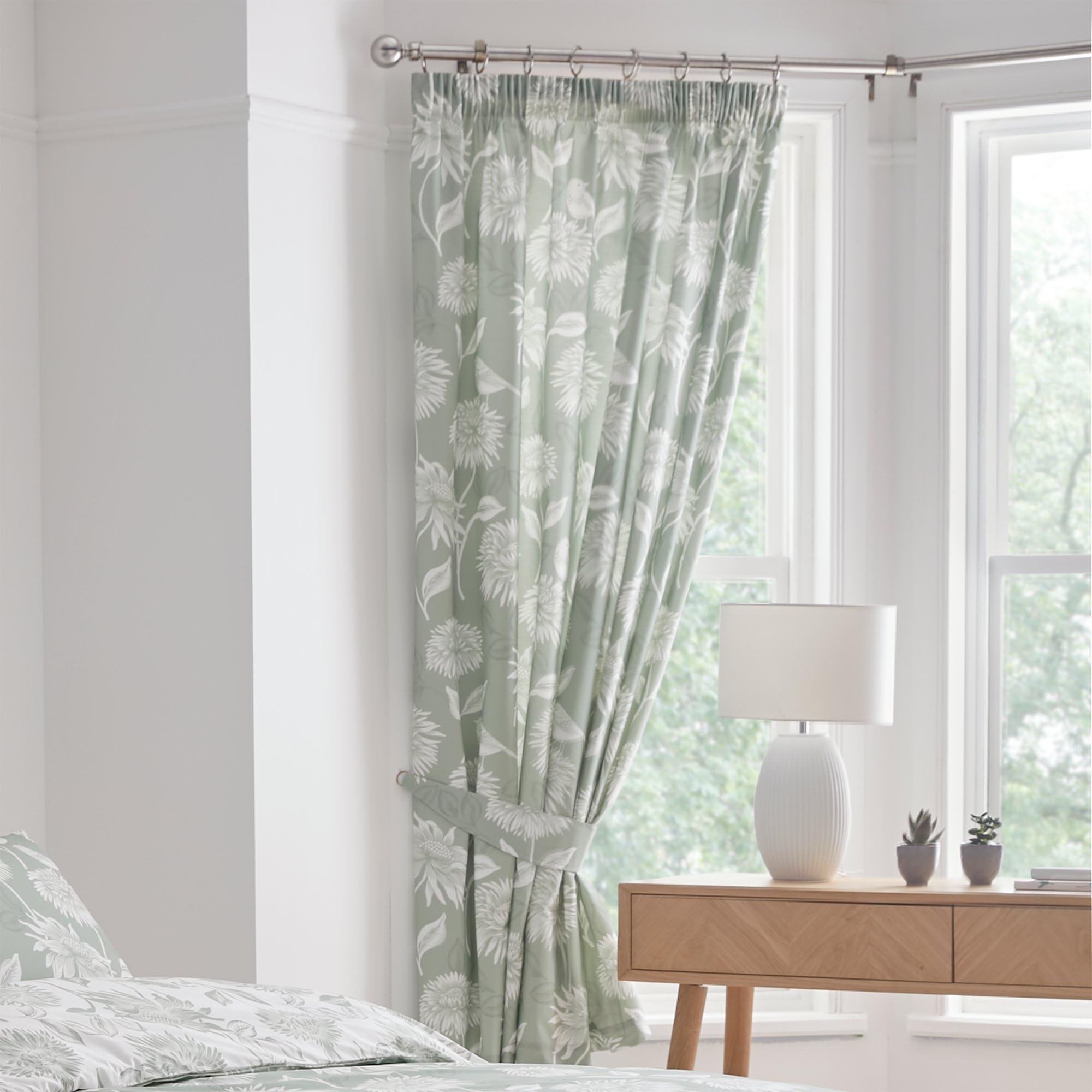 Dreams & Drapes - Green Chrysanthemum Pleated Curtains W66 x L72" (168 x 183cm) - 2x Panels & Tie Backs - Vintage Floral Drapes - Botanical Pencil Pleat in Sage Green