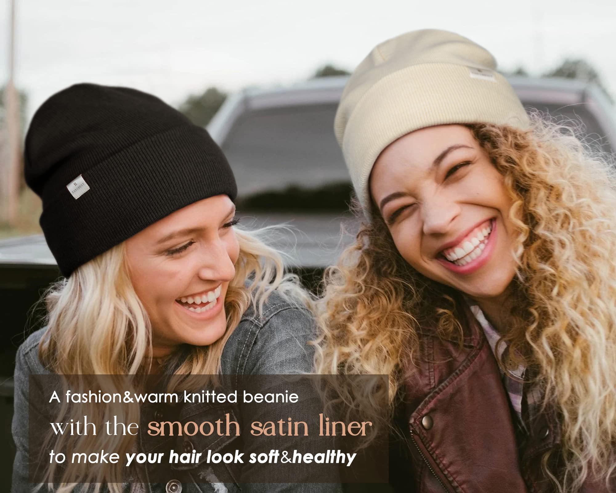 YANIBEST Satin Lined Beanie for Women Reduce Frizz Winter Hats for Women Men Silk Lining Soft Slouchy Warm Cuffed Less Static