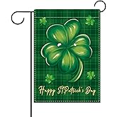 Dyrenson Happy St Patricks Day Decorative Garden Flag, Lucky Shamrock Clover Buffalo Plaid Yard Outside Home Decoration, Irish Spring Burlap Outdoor Small Decor Double Sided 12 x 18